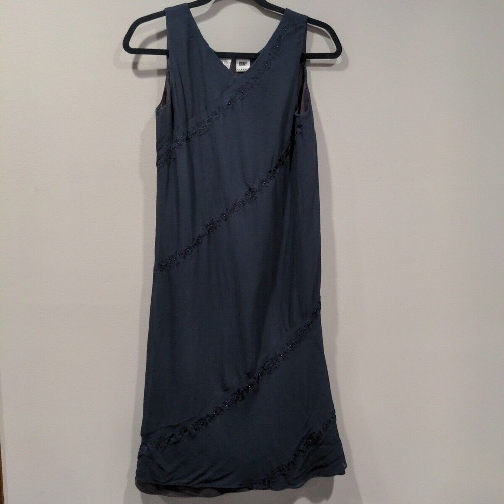 Vintage DKNY Women's Sleeveless Tank 100% Silk Dress Size 4 Embellished Black